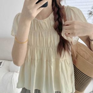 Lightweight Layered Spliced Tencel Cotton Top - Wrinkled Round Neck Short Sleeve in Apricot - Versatile Casual Style