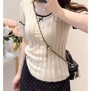 Lightweight Plus Size Hollow Knit Top for Women, Flattering Summer Style, Polka Dot Skirt, Elegant Two-Piece Set, Curvy Fit