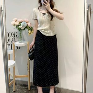 Lightweight Plus Size Hollow Knit Top for Women, Flattering Summer Style, Polka Dot Skirt, Elegant Two-Piece Set, Curvy Fit