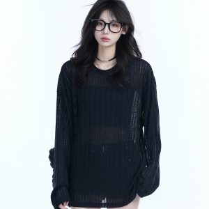 Lightweight Sheer Black Long-Sleeve Cover-Up for Women - American Retro Spring Loose Knit Top