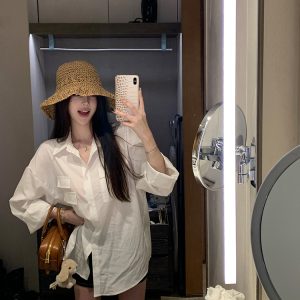 Long Sleeve Imitation Linen Shirt for Women - White Loose Summer Top with Sun Protection - Casual Intellectual Relaxation Style
