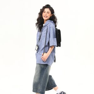 Loose Blue Plaid Hooded Short-Sleeve Shirt for Women - Versatile Summer Literary College Style