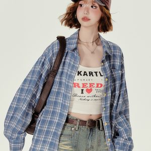 Loose Blue Plaid Shirt Jacket for Women - American College Style, Autumn Collection, Age-Reducing Casual Top