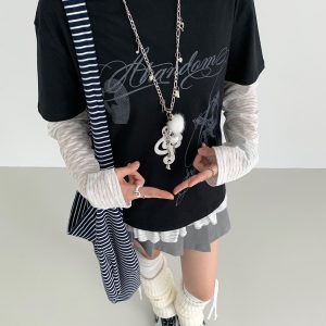 Loose Casual Black and White Short Sleeve T-Shirt with Text Print - Round Neck, Trendy Street Style, Everyday Essential
