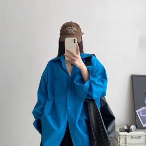 Loose-Fitting Oversized Shirt in Pink and Blue - Flattering High-End Relaxed Fit for Spring and Autumn Fashion