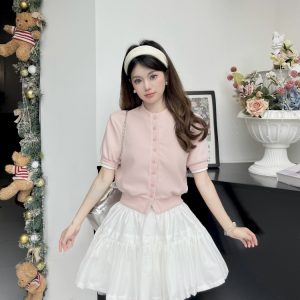 Luxury Thousand Gold Slimming Waist Contrast Color Fake Two-Piece Short Sleeve Cardigan Jacket with Puff Skirt for Women