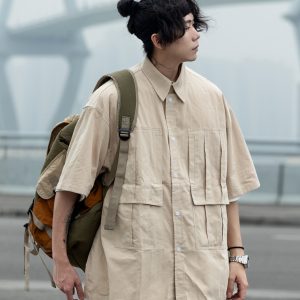 Men's Loose-Fit Lapel Short Sleeve Shirt with Large Pockets - Stylish Versatile Work Top for Spring and Summer