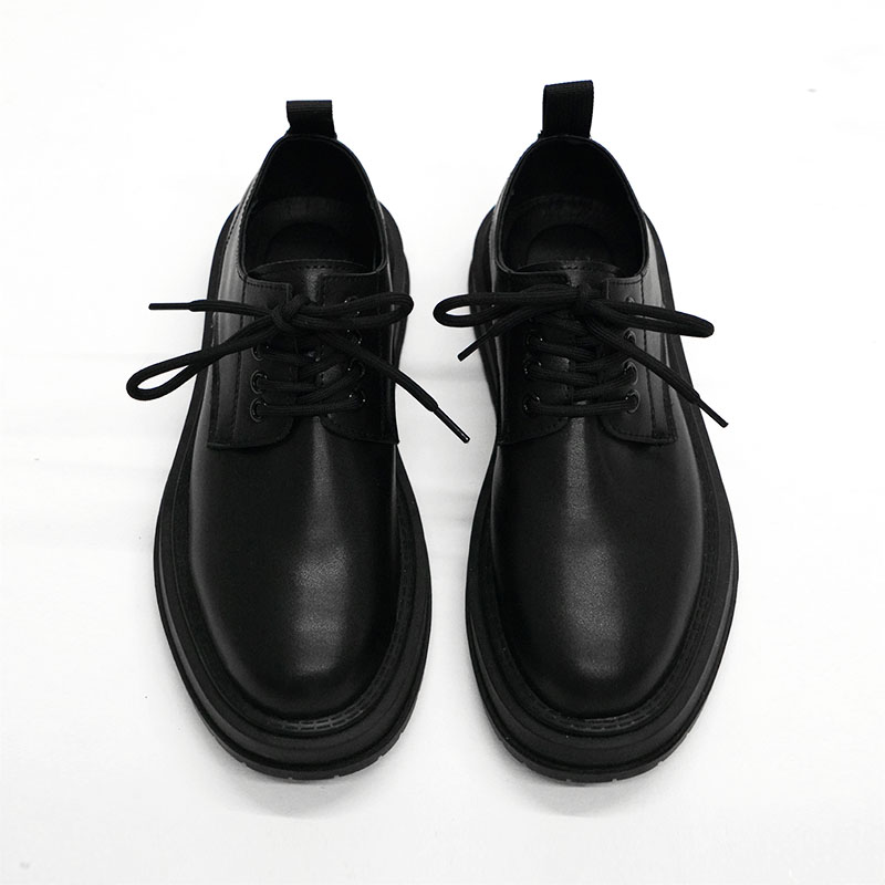 Men's Thick-Soled Black Leather Derby Shoes - Korean Style Round-Toe, Japanese Retro Fashion, Versatile Big-Toe Design