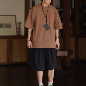 Men's Waffle Texture Loose Fit Solid Color Round Neck Short Sleeve T-shirt, Casual Versatile Couple Shirt, Y2K Inspired Style