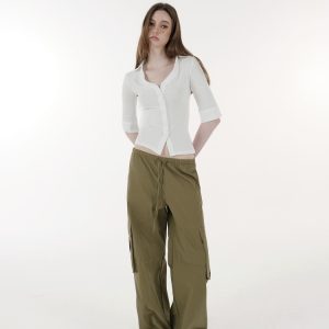 Micro透 V-Neck Slim Fit Five-Point Sleeve Stretch Cotton-Linen Shirt - Casual Chic for 90s and Y2K Inspired Styles