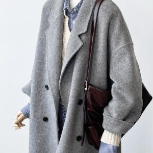 Mid-Length Gray Double-Sided Cashmere Coat for Women - 2024 Autumn Winter High-End Thick Woolen Outerwear