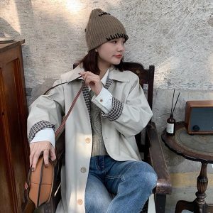 Mid-Length Khaki Plaid Trench Coat for Women - Chic Spring Autumn Outerwear for Petite Sizes - 2025 Trendy Style