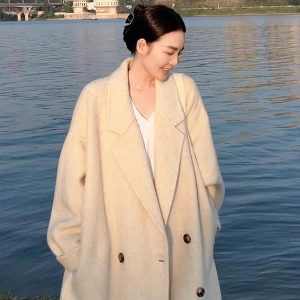 Mid-Length Oatmeal Cashmere Coat for Women, Double-Sided Thick Woolen Outerwear, Fall/Winter 2024, Petite Sizes