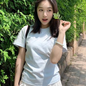 Milk Blue Slim Fit Shoulder-Strap T-Shirt for Women, Casual Summer Top, Short Sleeves, College Style, Trendy Versatile Fashion