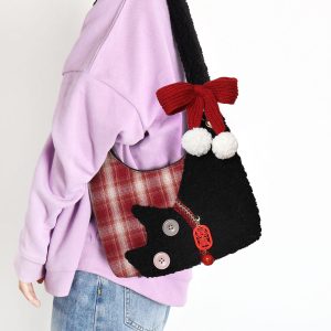 Mini Red Plaid Cat Bag for Women - Cute Underarm Crossbody Bag for New Year Good Luck & Destiny - Y2K Style