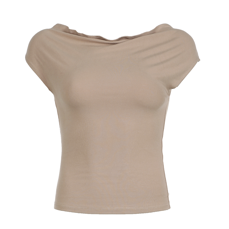 Minimalist French Solid Color Off-Shoulder Drop Shoulder T-Shirt for Women - High Elasticity One-Shoulder Pleated Waist Fashion Top