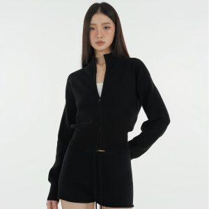 Minimalist Stand Collar Waist-Defining Long Sleeve Cardigan Jacket - Chic Layering Piece for Effortless Style