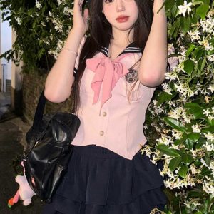 Navy Blue JK Uniform Sailor Suit with Pink Short Sleeve Top & Skirt Set - Women's College Style Pudding Bear Inspired Fashion