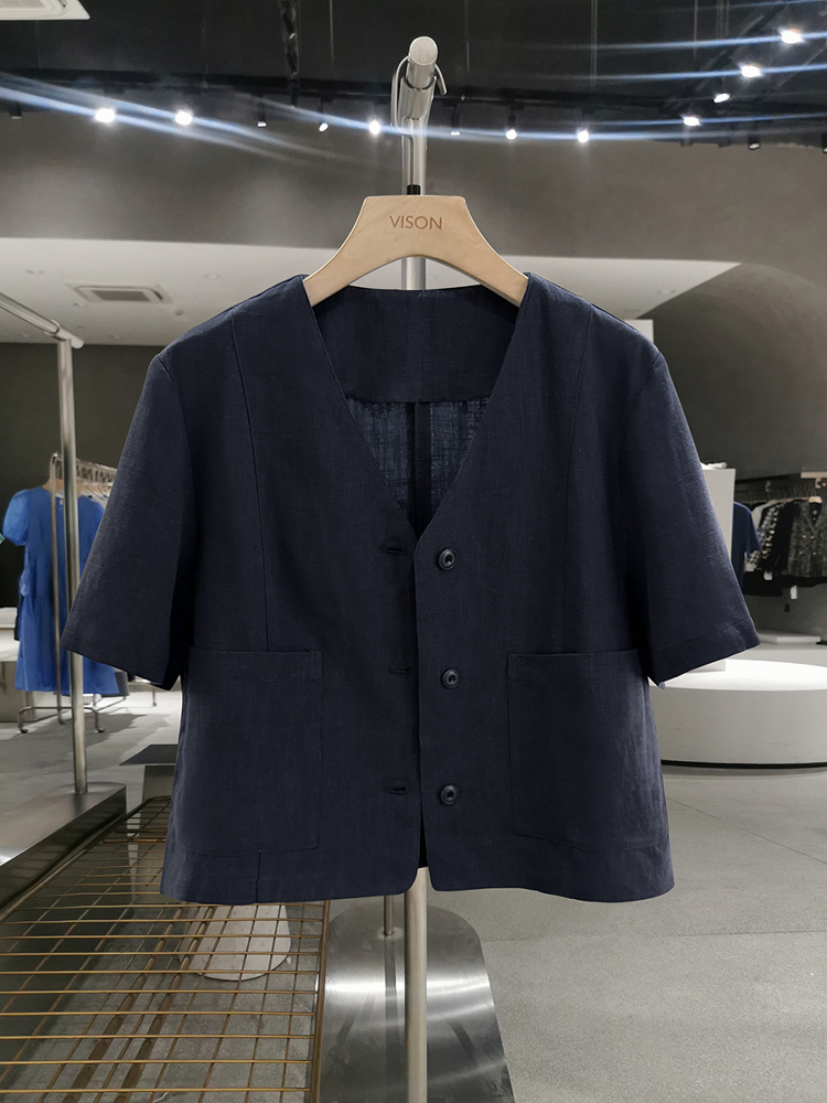 Navy Blue Minimalist Linen Short Sleeve Coat for Women - Vintage Light Luxury Summer 2025 Fashion Top