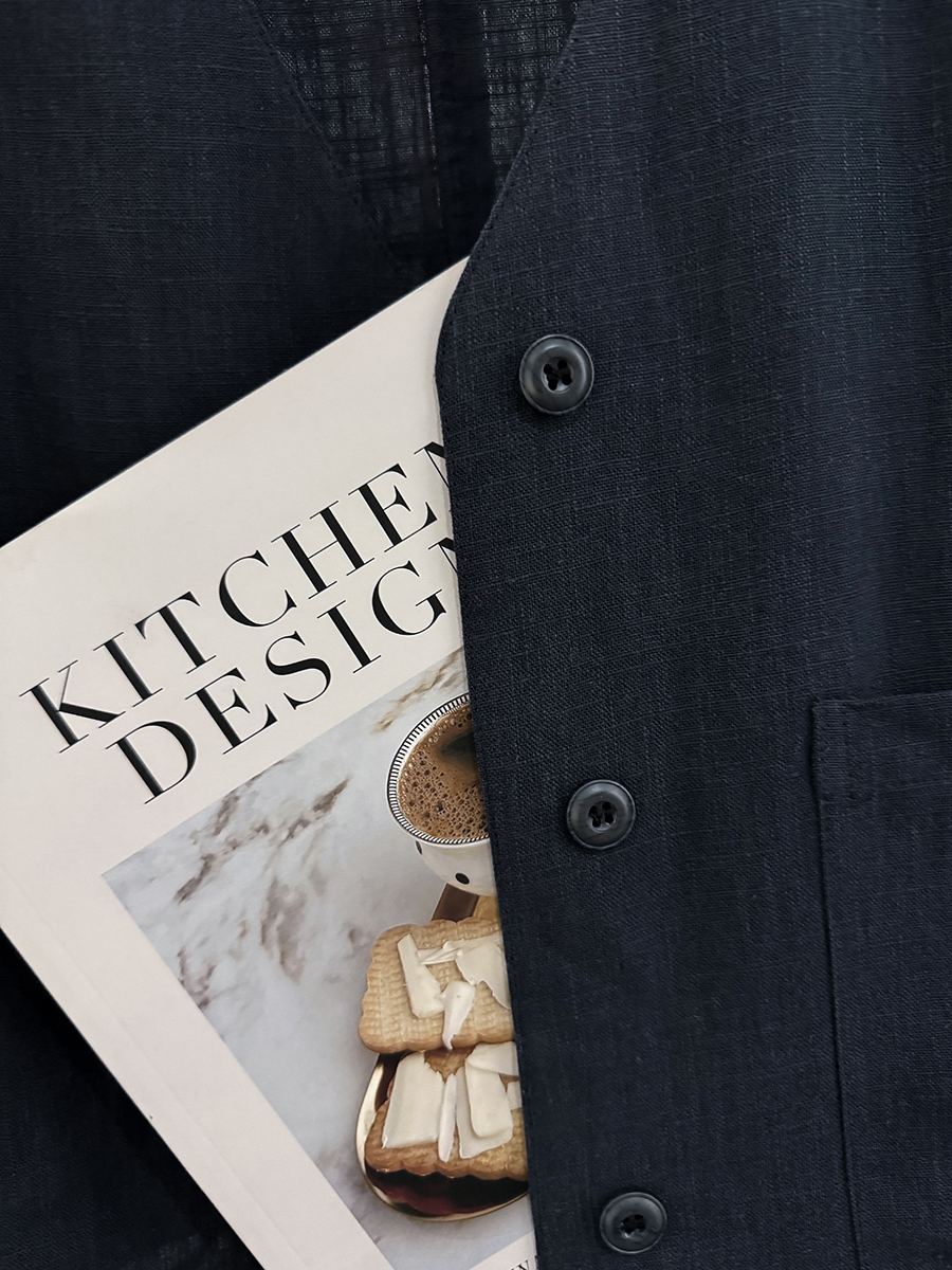 Navy Blue Minimalist Linen Short Sleeve Coat for Women - Vintage Light Luxury Summer 2025 Fashion Top