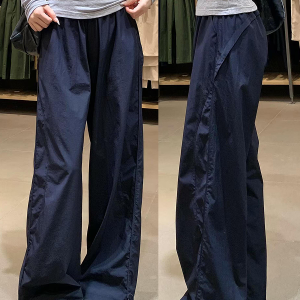 Navy Blue Wide-Leg Straight-Leg Work Pants for Women - Retro Casual Summer Sports Trousers