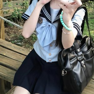 Navy Collar Japanese JK Uniform Sailor Suit Set with Waist-Defined Design - College Style Pudding Bear Aesthetic