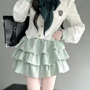 Navy Collar JK Uniform Cake Skirt with Long Sleeve Top, College Style Japanese Sailor Suit, Slimming Outfit for Women
