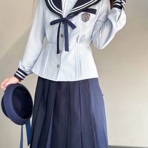 Navy Collar Long Sleeve Top and Blue Long Skirt Set - Pudding Bear JK Style, School Supply Fashion, Y2K Academy Chic