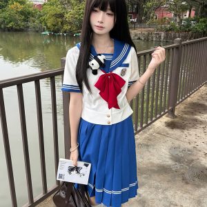 Navy Collar Sailor Suit Set - Japanese JK Uniform with Waist-Defined Short Sleeves - College Style Pudding Bear Design for Students