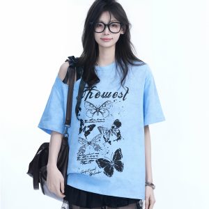 Off-Shoulder Butterfly Knot Tie Short Sleeve T-Shirt for Women - Summer Loose Fit Casual Top, Sweet Cool Style, Y2K Aesthetic
