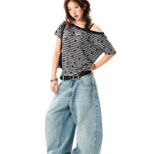 Off-Shoulder Color-Blocking Striped T-Shirt for Women - Summer Spicy Girl Style, Versatile Short Sleeve Top