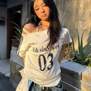 Off-Shoulder Color-Blocking T-Shirt for Women - Spicy Girl Summer Top with Letter Print and Woven Strap, Y2K Loose Fit Style