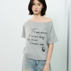 Off-Shoulder Letter Print Short Sleeve T-Shirt for Women - Casual Loose Slim Summer Top, American Street Style