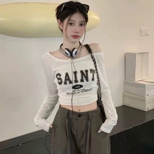 Off-Shoulder Long Sleeve T-Shirt for Women - European and American Style, Spring Versatile Thin Sun Protection, Slim Fit Top