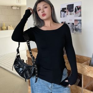 Off-Shoulder Long Sleeve T-Shirt for Women - Slimming Autumn Design, Low Neck Sexy Top, Trendy Y2K Style