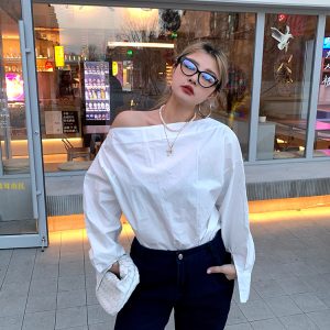 Off-Shoulder Long Sleeve White Shirt for Women - Unique Spring Fashion Top, Trendy 90s Style