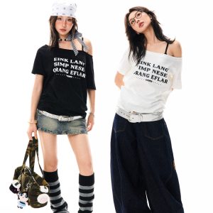 Off-Shoulder Loose White Short Sleeve T-Shirt for Women - Casual Summer Top, Spicy Girl Style, Versatile Slanted Shoulder Design