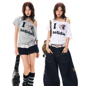 Off-Shoulder Puppy Heart Print Short Sleeve T-Shirt for Women - Vintage American Style Summer Top for Hot Girls