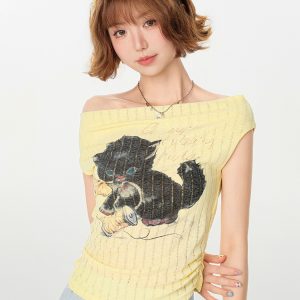 Off-Shoulder Retro Printed T-Shirt for Women, Drop Shoulder, Waist-Cinching, Slimming Summer Top, Y2K Style