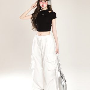 Off-Shoulder Sexy T-Shirt for Women - Handmade Slim Fit Summer Top in Pure Desire Style, Waist-Defining Short Sleeve Fashion