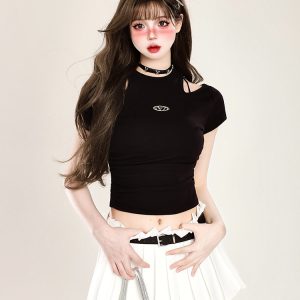 Off-Shoulder Sexy T-Shirt for Women - Handmade Slim Fit Summer Top in Pure Desire Style, Waist-Defining Short Sleeve Fashion