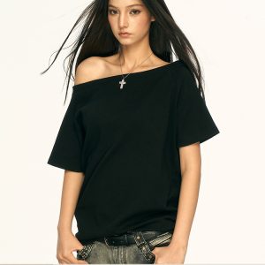Off-Shoulder Short Sleeve T-Shirt for Women - Spicy Girl Style, Loose Fit, Summer 2025 Trend, American-Inspired Fashion