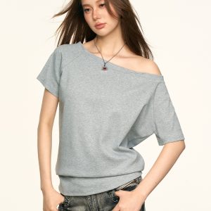 Off-Shoulder Short Sleeve T-Shirt for Women - Spicy Girl Style, Loose Fit, Summer 2025 Trend, American-Inspired Fashion