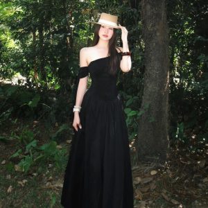One-Shoulder Black Dress with Flowing Ribbon Big Skirt - Elegant Summer Slim Fit Hepburn Style for Women