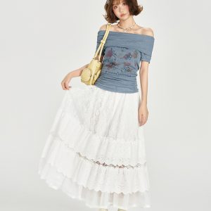 One-Shoulder Printed Waist-Cinching Slim-Fit T-Shirt for Women - American Retro Summer Style, Short Sleeve Top