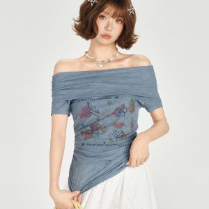 One-Shoulder Printed Waist-Cinching Slim-Fit T-Shirt for Women - American Retro Summer Style, Short Sleeve Top