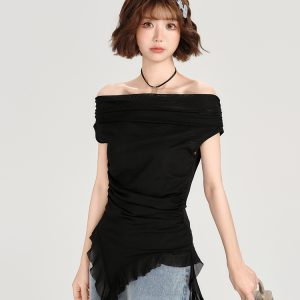 One-Shoulder Short Sleeve T-Shirt for Women - Spicy Girl Mesh Ribbon Slim Fit Top - American Style Summer Fashion