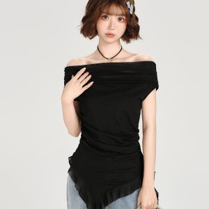 One-Shoulder Short Sleeve T-Shirt for Women - Spicy Girl Mesh Ribbon Slim Fit Top - American Style Summer Fashion