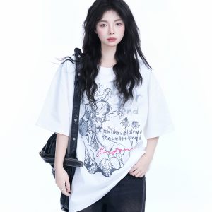Oversized Black Short Sleeve T-Shirt for Women - American Street Style, Casual Cotton Tee with 