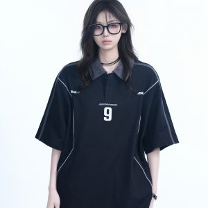 Oversized Black Short Sleeve T-Shirt for Women with American Street Style Collar and Quote, Casual Y2K Fashion Top